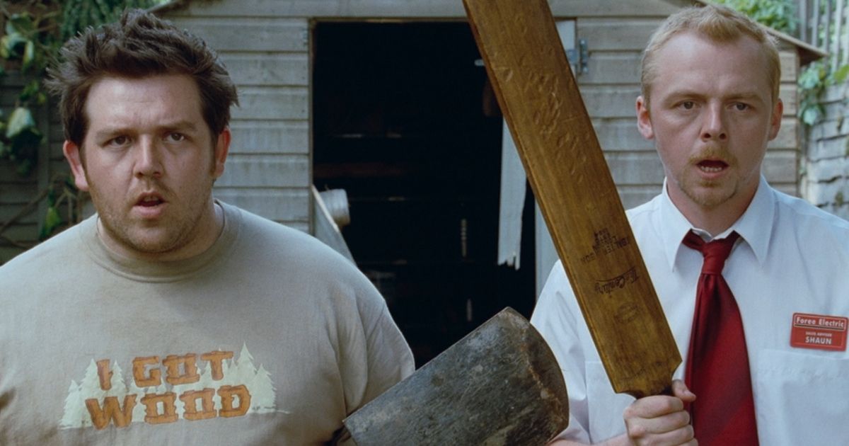 Simon Pegg y Nick Frost en Shaun of the Dead, armados con un trozo de madera y un bate de cricket