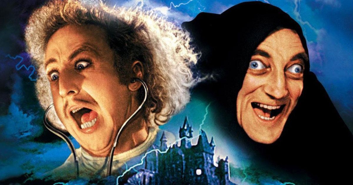 Los rostros de Gene Wilder y Marty Feldman sobre el castillo en El joven Frankenstein