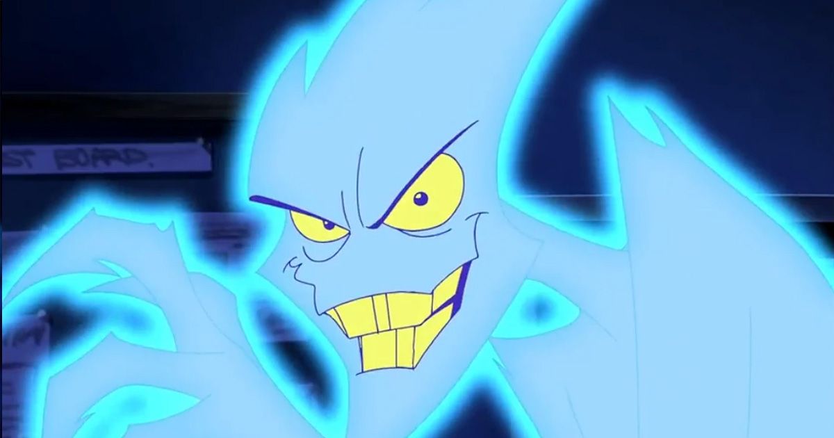 villano azul hecho de electricidad sonriendo amenazadoramente