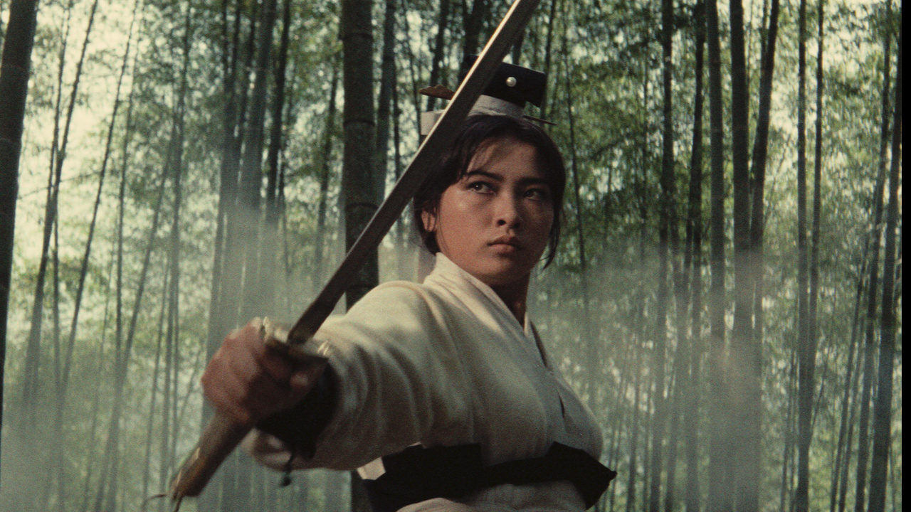 mujer, en, bosque de bambú, tenencia, espada, delante de ella